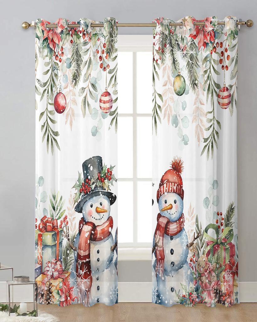 Christmas Poinsettia Ball Fir Leaves Snowman Sheer Curtains Living Room Decoration Window Curtains Kitchen Tulle Voile Curtains