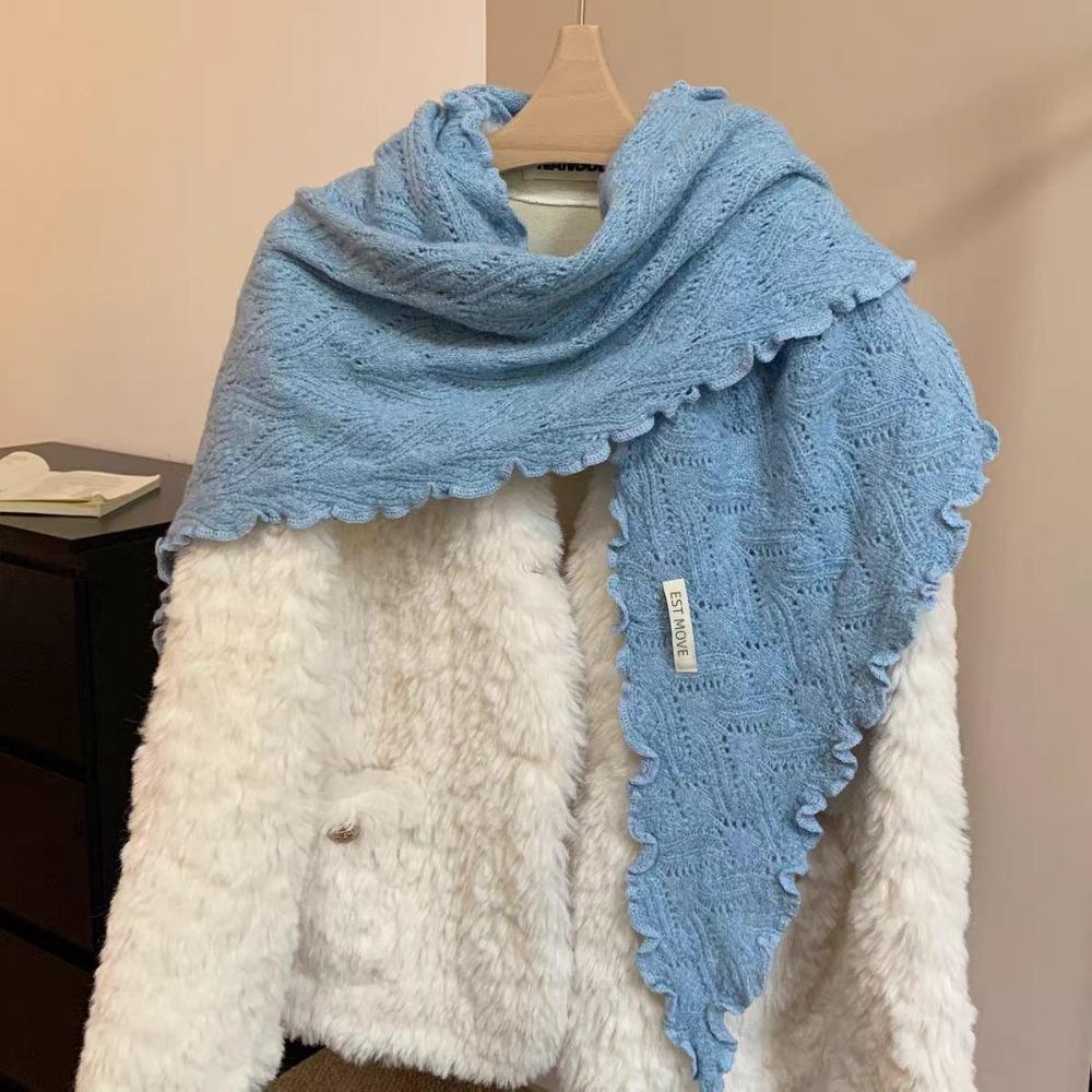 Thickened Widen Shawl Wrap Ruffled Edge Winter Scarf Knitting Triangle Scarf Casual Outfit