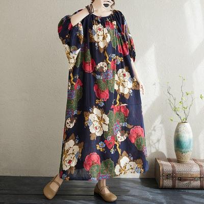 Kurzarm Plus-Size-Baumwolle im Vintage-Stil mit Blumenmuster, neu in Kleidern für Damen, lässiges, lockeres, langes Sommerkleid