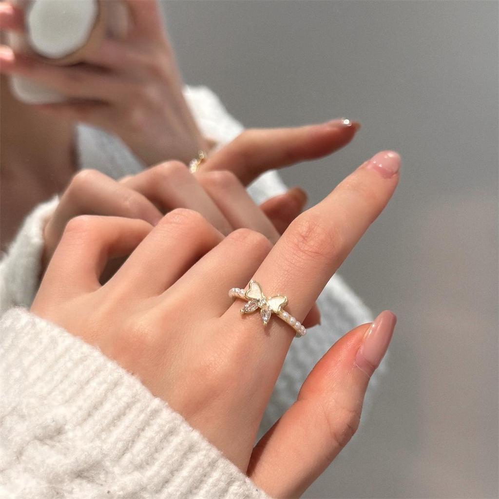 Enamel Drip Glaze Butterfly & Mother of Pearl Silver Ring - Elegant, Non-Fading Women's Jewelry