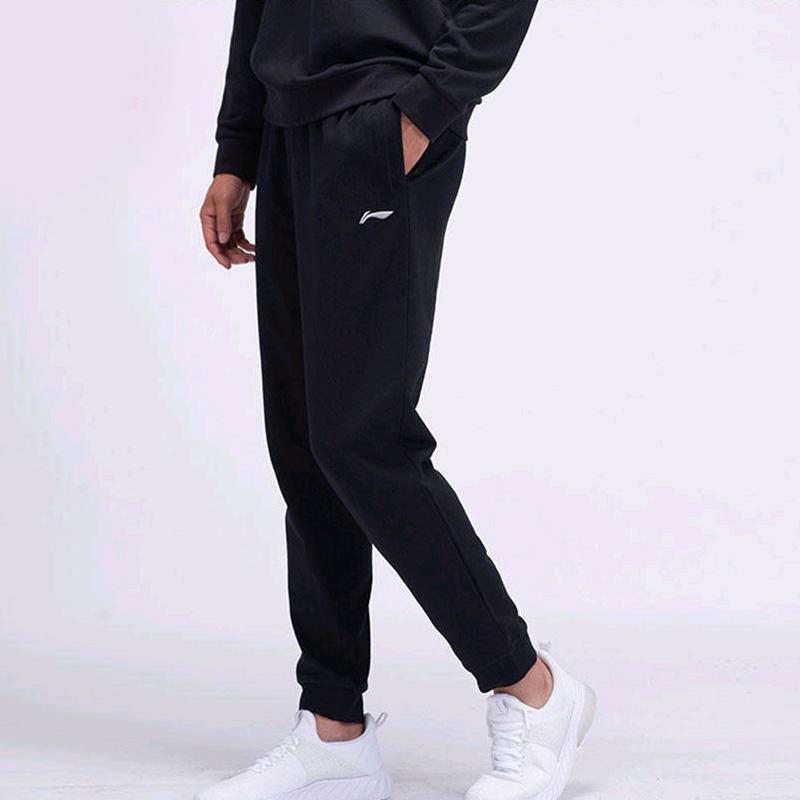 Li Ning Football Series Embroidered Logo Fleece Cuffed Loose Sports Pants Men Pants Black AKLRB45-1