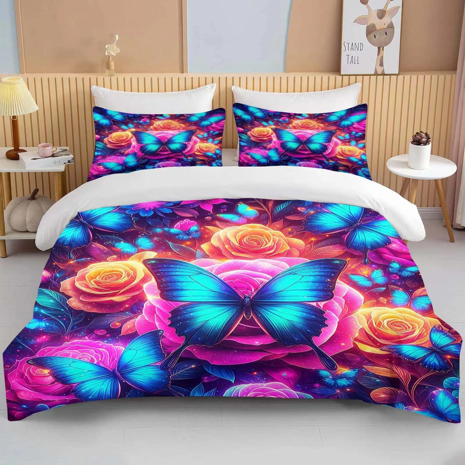 

Neon Romantic Buterfly Roses Print Beding Set Soft Duvet Cover featuring Pilowcases Adult People plus Children gift Beding Set High-End Premium lounge 135*200cm Eu-Single