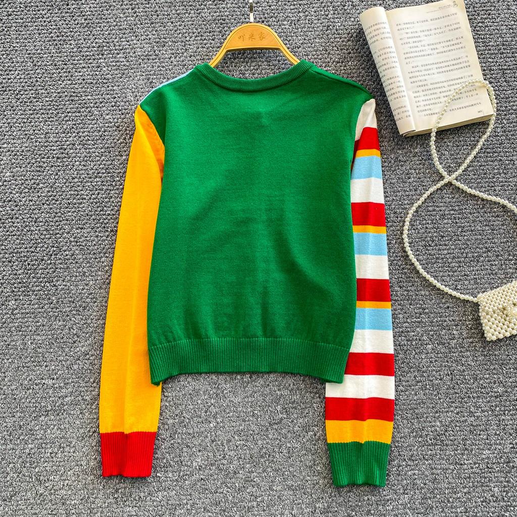 Herbst Winter Damen Damen O-Ausschnitt Cartoon Print Einreihig Gestrickte Pullover Strickjacken Tops für Schülerin