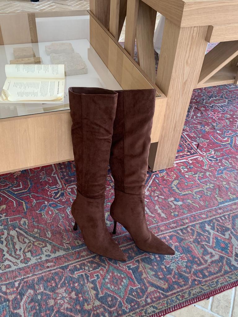 Pointed high-heeled over-the-knee boots women's 2025 new autumn French khaki fine-heeled pleated stacked boots knight boots