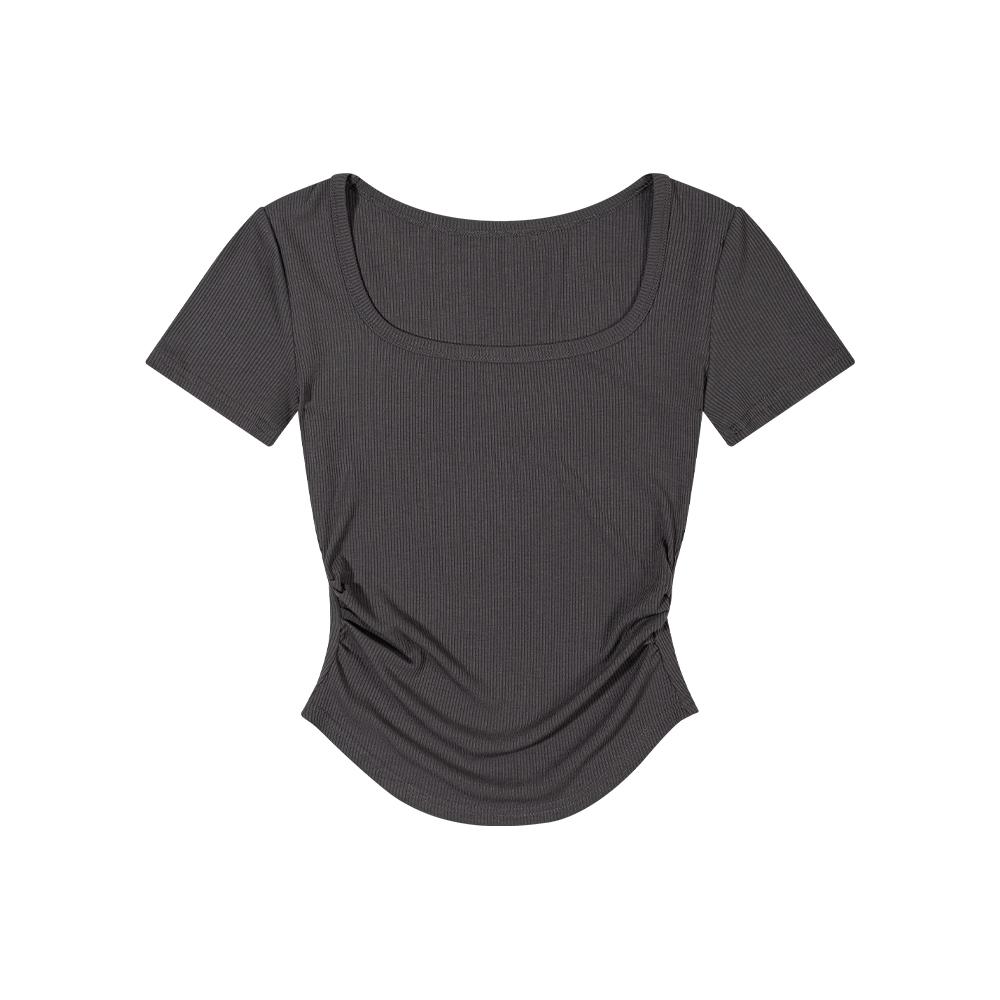 Moa Side Shirred U-Neck Short Sleeve (Charcoal) Charcoal/M