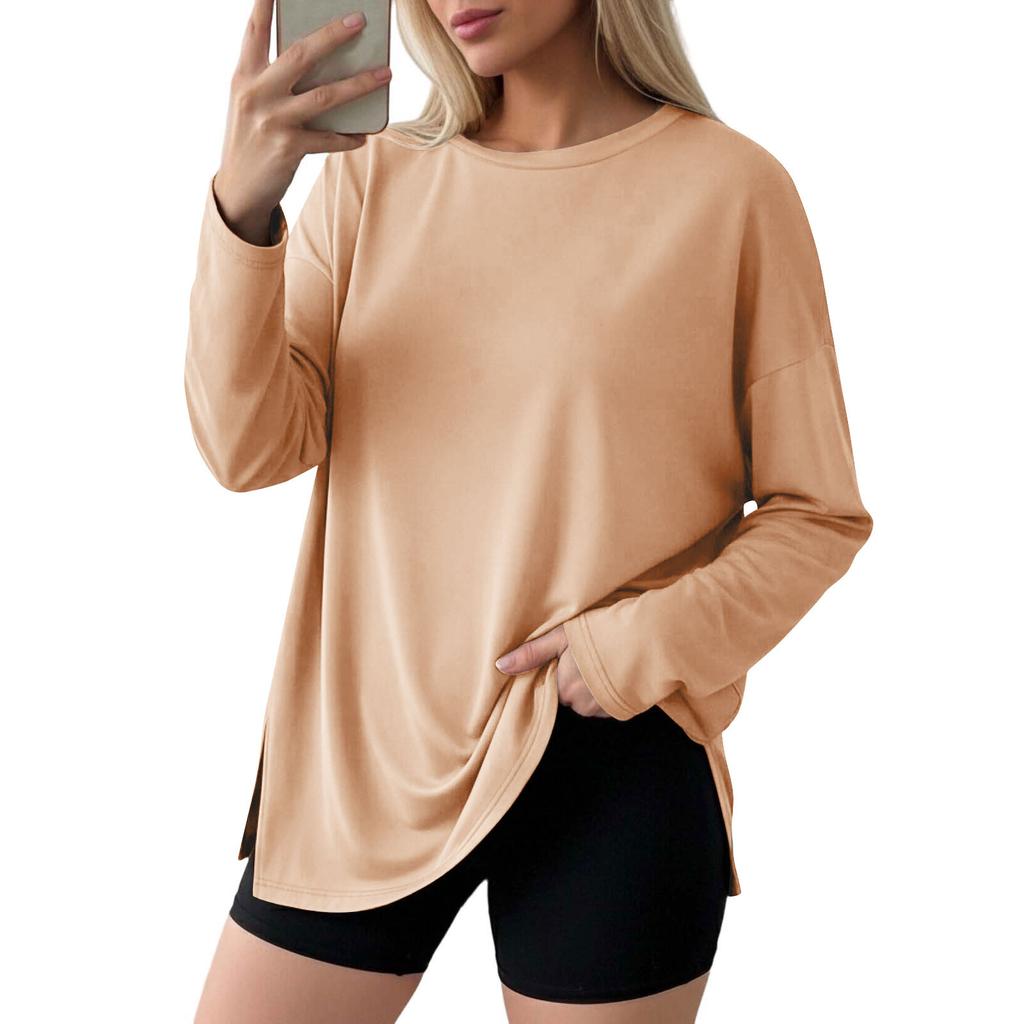 Women Casual Loose Fit Long Sleeve T Shirt Split Hem Crew Neck Plain Pullover Top Lightweight Comfortable Fabric