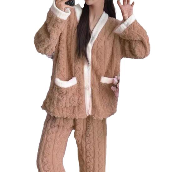 2 Teile/satz Frauen Warme Loungewear Set Herbst Winter Verdickt Plüsch Thermische Pyjamas Set V-ausschnitt Langarm