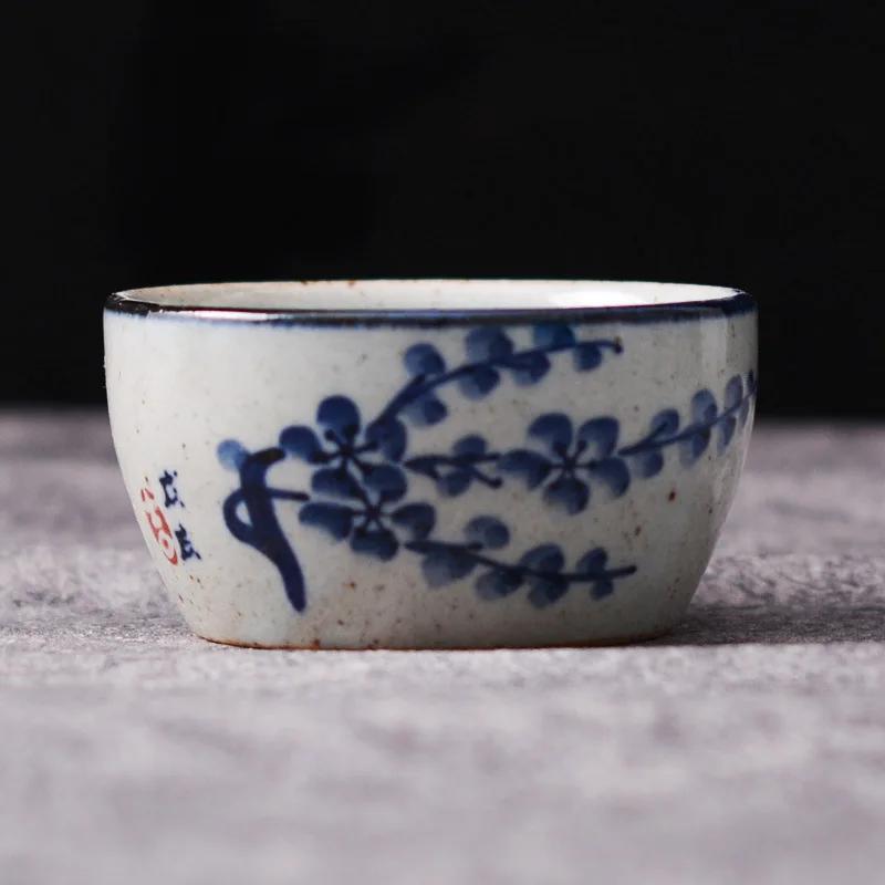 Exquisite Hand Painted Blue and White Coarse Pottery Ceramic Gongfu Teacup Set for Pu Er Tea Ceremony Small Cups Chinese Teaware