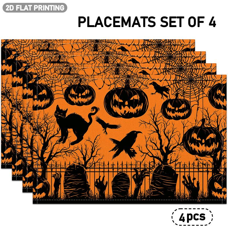 4pcs/6pcs Gothic Placemats Suitable for Halloween Table Decor with Pumpkin, Spiderweb, Black Cat, Crow & Tombstone Patterns - Rectangular Table for Pa
