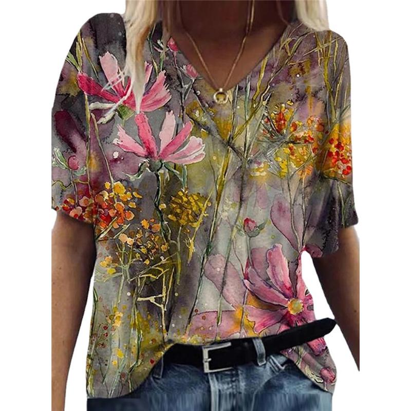 

Женская модная летняя женская футболка с v-образным вырезом и короткими рукавами с цветочным принтом