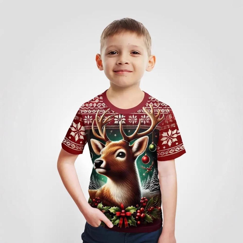 Fashionable Summer Children's T-shirt Colorful Christmas Collection Animals Printing Soft Comfortable Breathable Round Neck Short Sleeved T-shirt