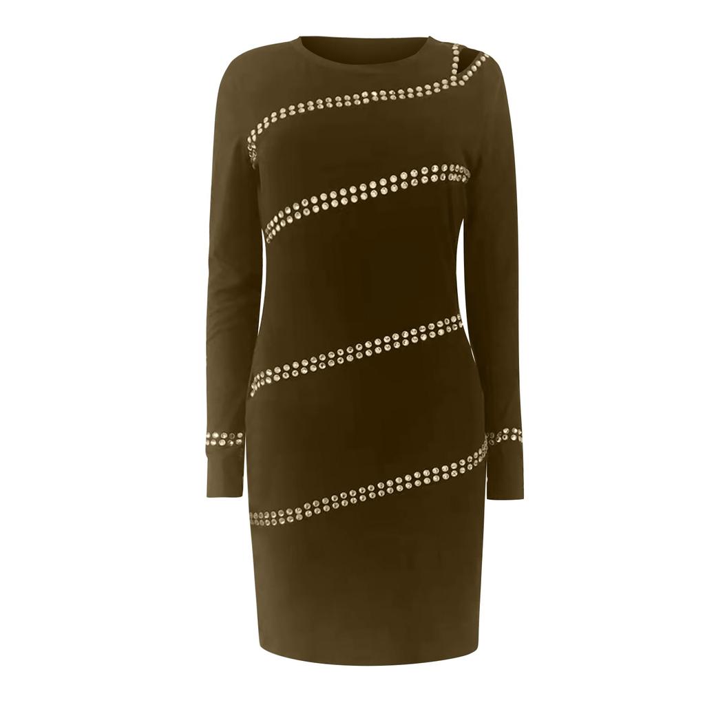 Fashion Women's Color Hot Drill Slim Package Hip Strapless Long Sleeved Dress