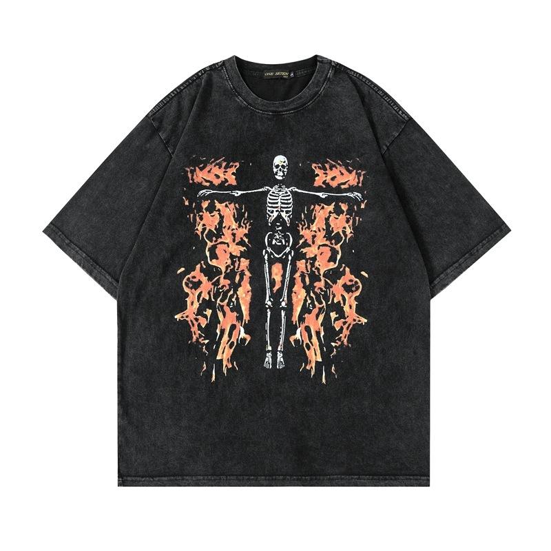European And American High Street Trendy Brand Skull Print Washing Water Round Neck Tee Shirt Hip Hop Street Retro Short Sleeve T-Shirt Men And Women