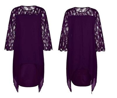 European and American Lace Splicing Seven-quarter Sleeves Irregular Hem Chiffon Dress, Spot