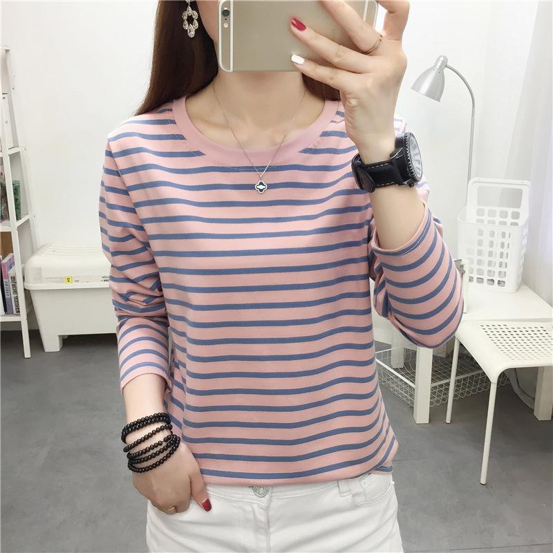 Fashion Women Stripe Top Stylish Long Sleeve Tops Round Collar Pullover Tops T-shirt Lady