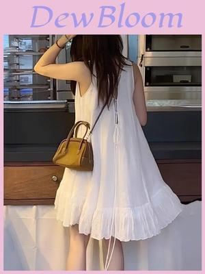 Elegant White Sleeveless Dress With Ruffle Collar For Summer Casual Wear