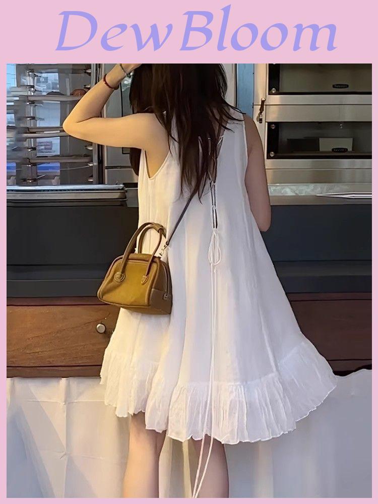 Elegant White Sleeveless Dress With Ruffle Collar For Summer Casual Wear