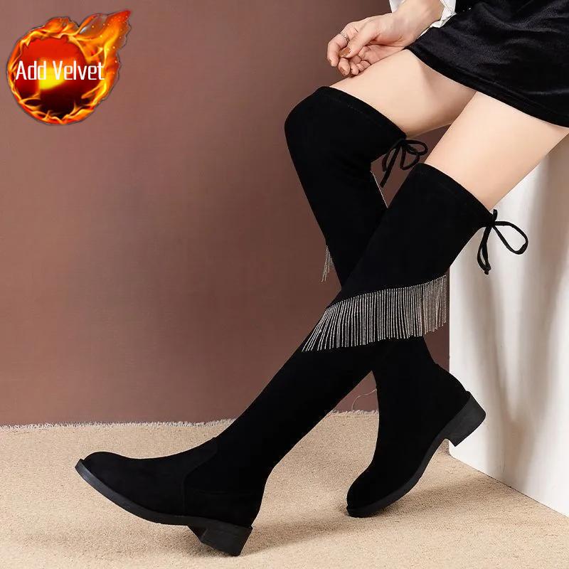 Black Round Toe Tassel Elegant Heeled Thigh High Boots for Women Autumn Winter Comfortable Chic Above Over The Knee Shoes Woman