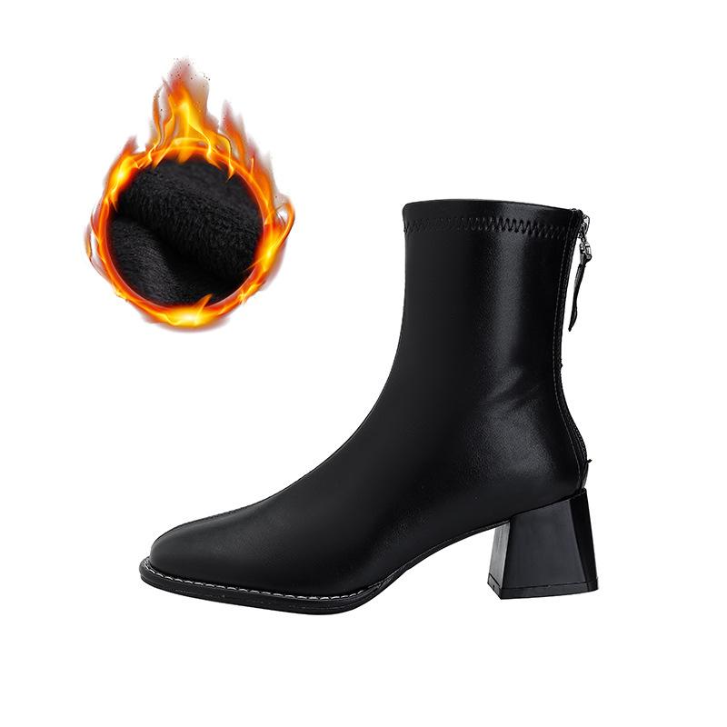 

Ladies slim boots with thick midsole and versatile commuting square toe and back zipper short boots for women 40