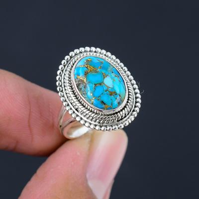 Natural Copper Turquoise Solid 925 Sterling Silver Beaded Split Shank Statement Ring Jewelry For Women & Girls