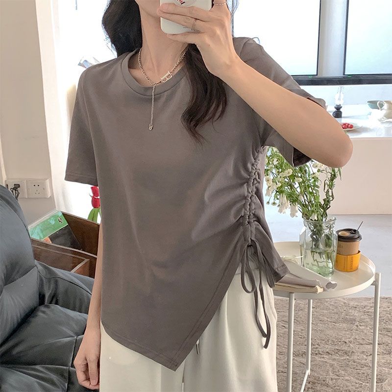 Irregular Drawstring Short Short-sleeved T-shirt Women's New Summer Korean Version Ins Versatile Student Hottie Top