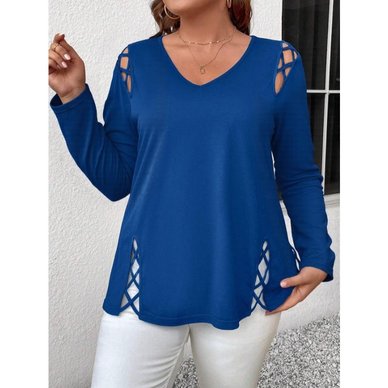

Sexy V-neck Cross Hollow Out Long Sleeved T-shirt Women Loose Spring Summer Shirts Large Size Casual Solid Color Simple Office Tops Basic Clothing 5XL синій
