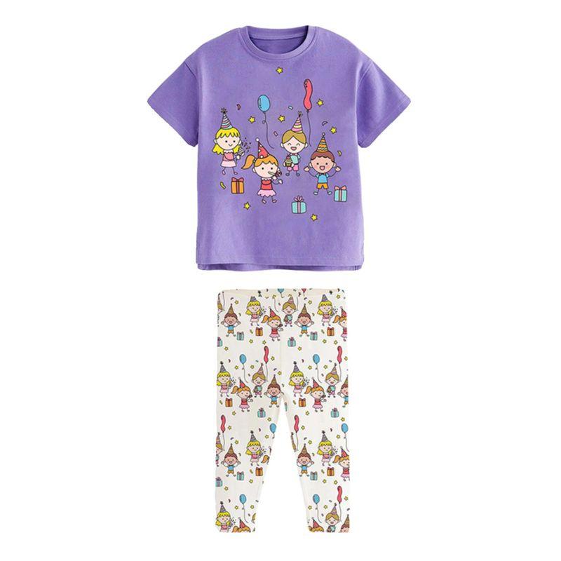 New Children's Clothing Girls' Set Cartoon Cute Purple Children's Short-Sleeved Summer Outfit with Long Pants Two-Piece Set for Toddlers