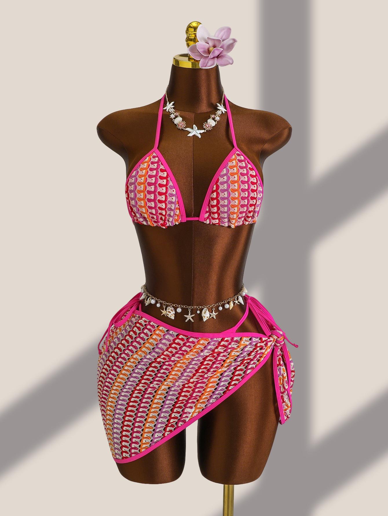 European and American fashion and sexy composite fabric three-piece mesh skirt swimsuit bikini swimsuit S