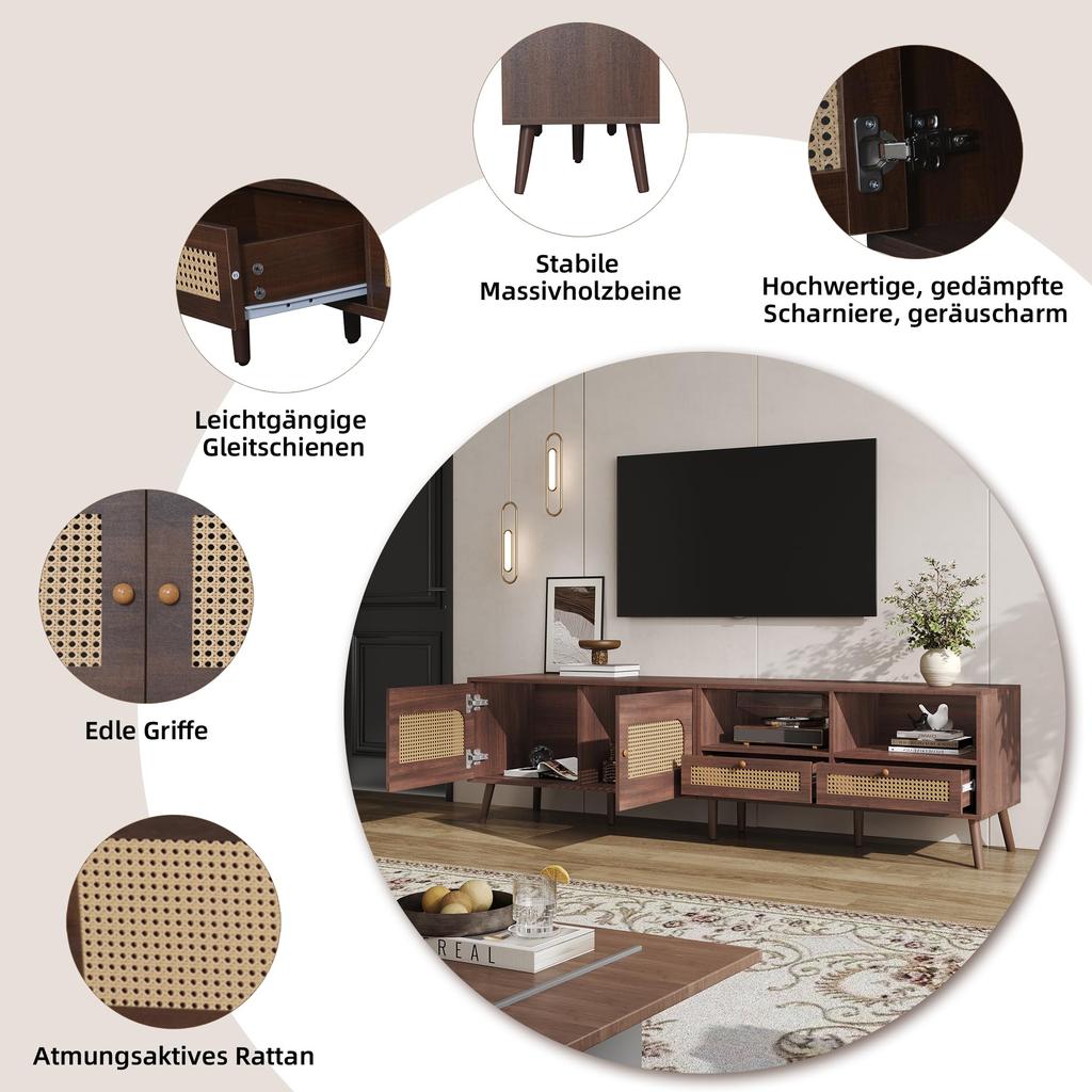 TV Ständer, Lowboard TV Board 2 2 Schublade, Offene Staufächer, TV-Schrank Landhausstil Sideboard, Wohnzimmer Esszimmer, 200cm, Braun