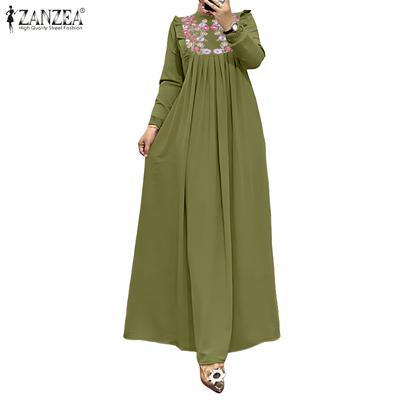 Women Casual Stand Collar Loose Long Sleeve Floral Embroidery Dress