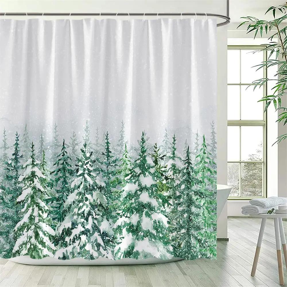Winter Snowy Forest Shower Curtains Pine Tree Deer Snowflake Xmas Christmas Holiday Rustic Farmhouse Bathroom Decor with Hooks