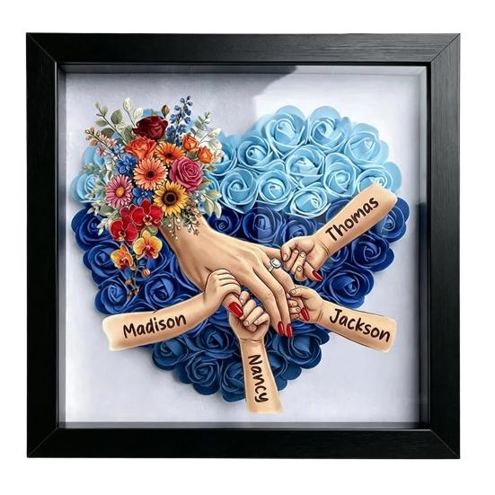 

Personalized Mommy Holding Hands Shadow Box with Ring And Manicure, Custom Names Floral Heart Picture Frame, Mother s Day Gifts for Mom Grandma L A чорний