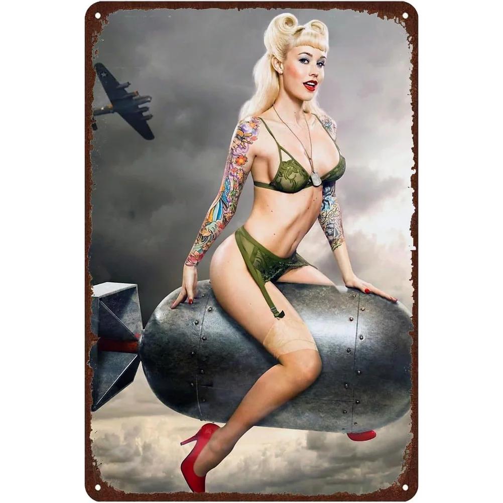 Pinup Girl Metal Tin Signs Plaque Wall Decoration Vintage Military Posters Iron Painting for Man Cave Home Cafe Garden Club B