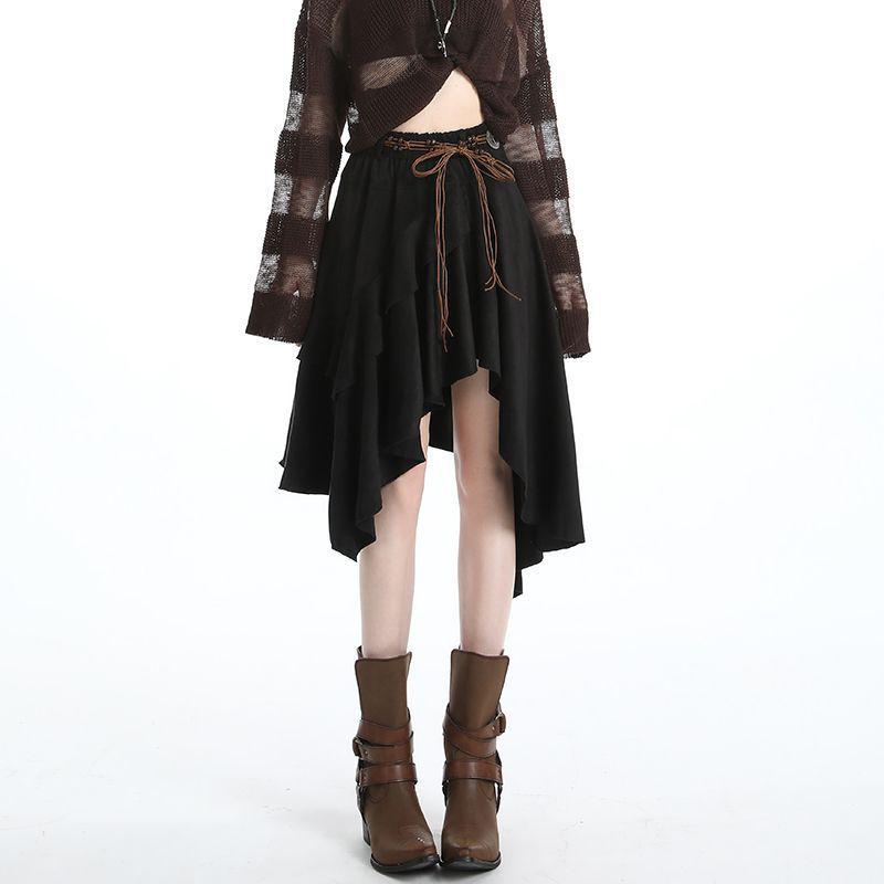 Women's Autumn High-Waist French Ruffle Suede Midi Skirt, Anti-Exposure with Irregular Fluffy Design