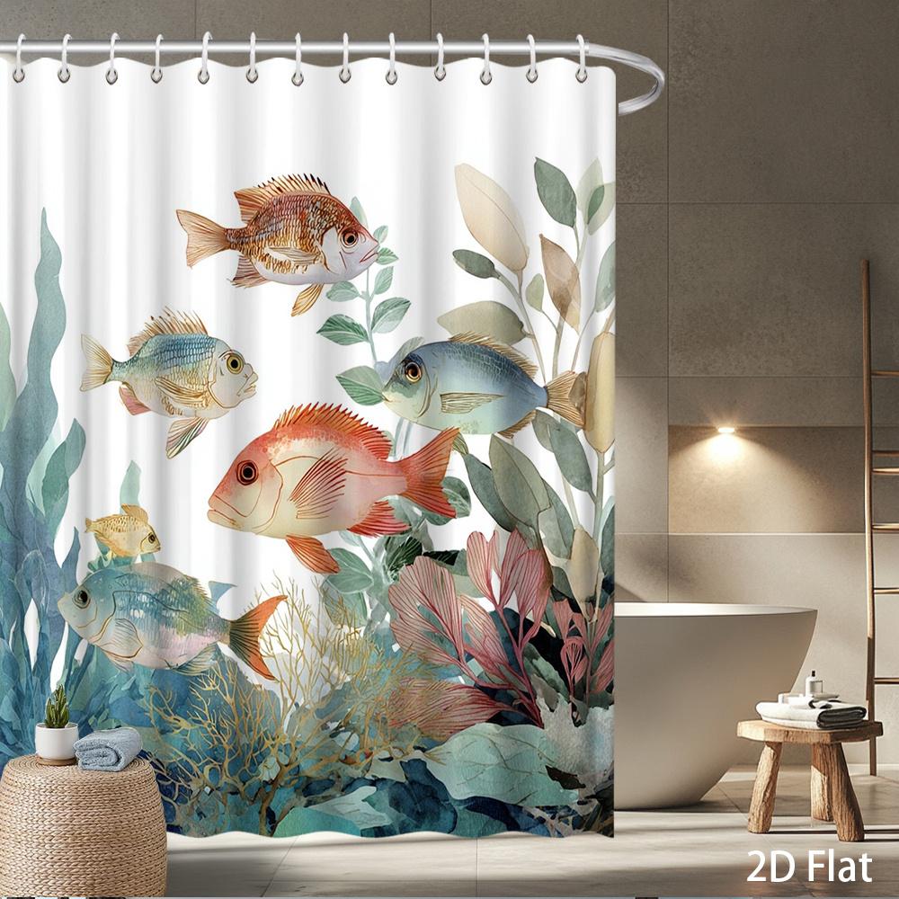 

1Pc Shower Curtain — Watercolor Fish & Coral, Waterproof Machine Washable Polyester For Shower/Bathtub Bathroom Decor W60H190(CM)-1 Pcs