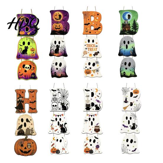 Layered Hanging Seasonal Ornament Halloween Wooden BOO Sign Creative Letter Pendants Vintage Ghost Pumpkin Black Cat