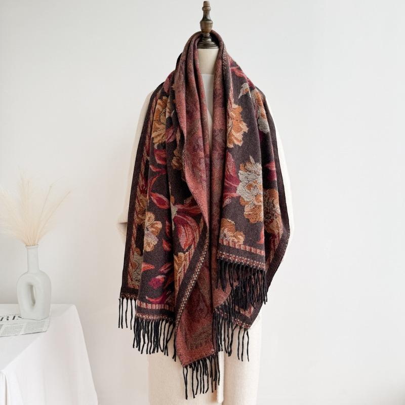 Autumn and Winter Retro Fringed Scarf with Air Conditioner Cashmere Shawl Large Size Warm Scarf