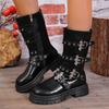 French Temperament Platform Non-Slip Rider Boots Winter New Round Toe Zipper Metal Buckle Waterproof Personality Mid-Leg Boots