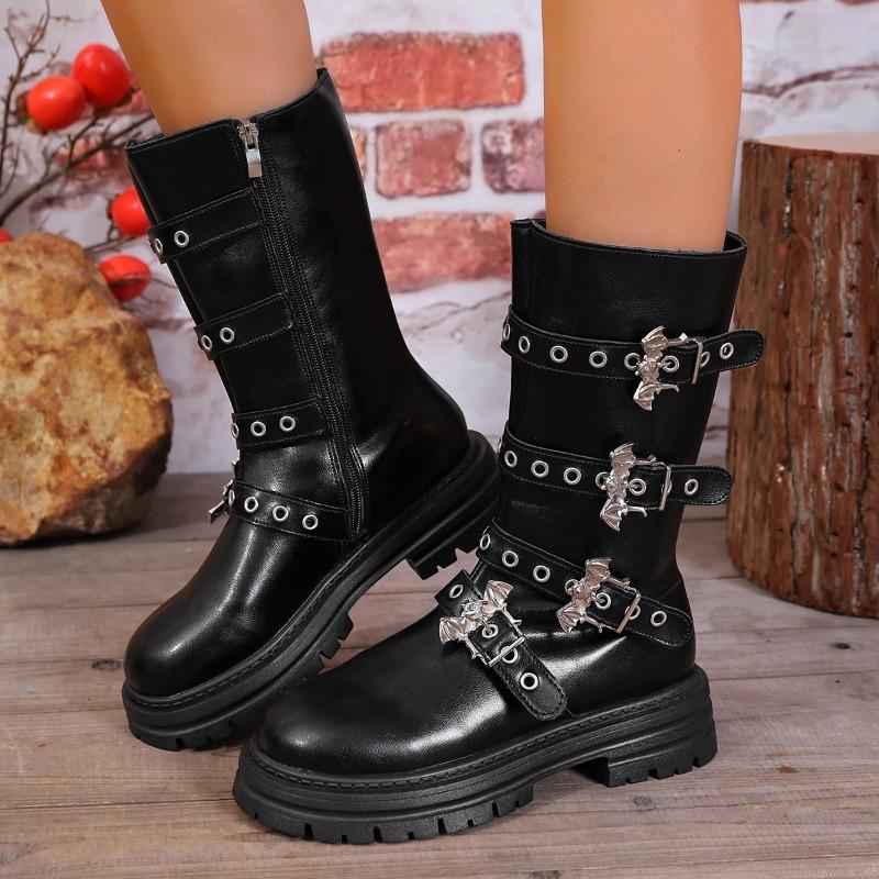 French Temperament Platform Non-Slip Rider Boots Winter New Round Toe Zipper Metal Buckle Waterproof Personality Mid-Leg Boots
