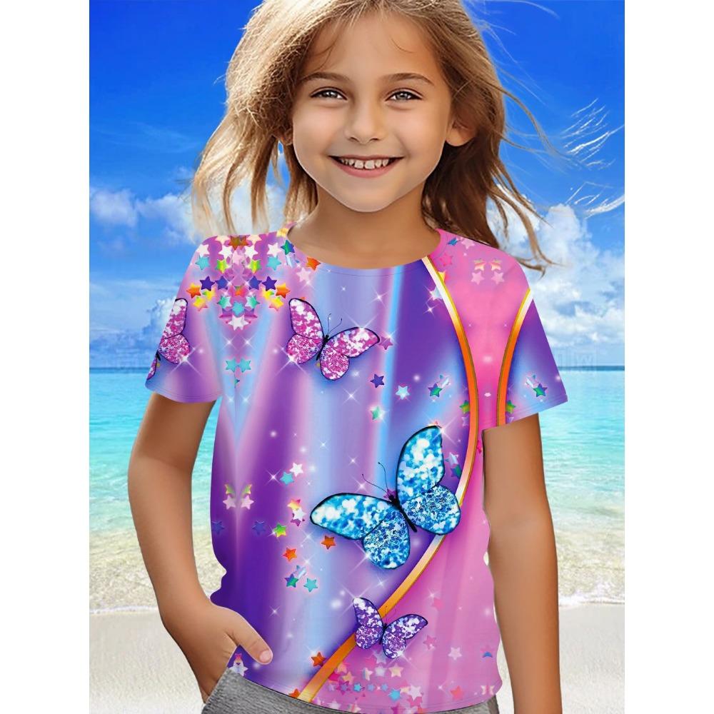 Children's Clothing Girl Clothes Short Sleeve Prety Butterfly Print Kawaii Round Neck Top Summer