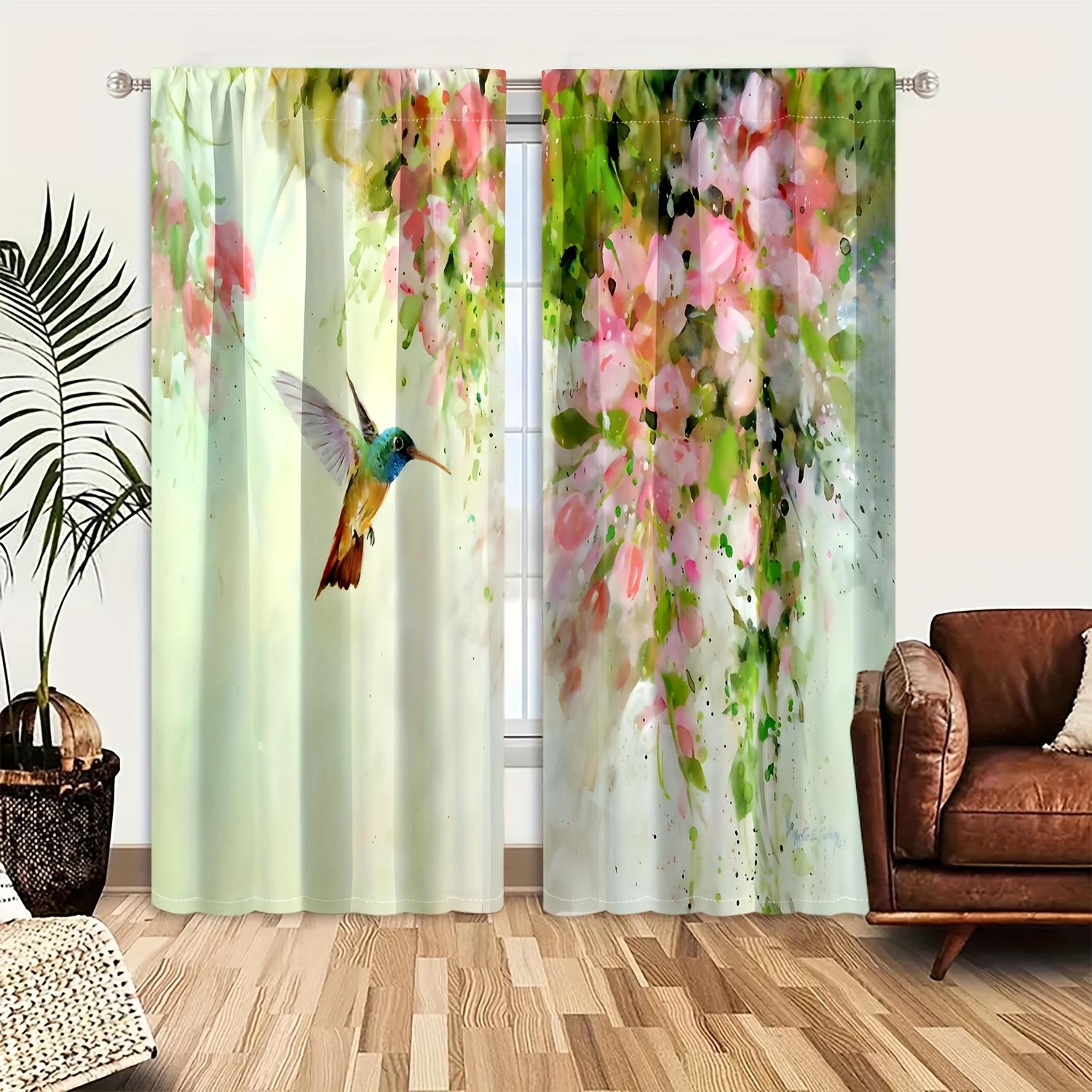 

Элегантные винтажные декоративные шторы для гостиной с изображением колибри и цветочным принтом в стиле бохо из полиэстера и жаккарда, 2 шт. (W50H130cm)-2pcs&Grommet Top
