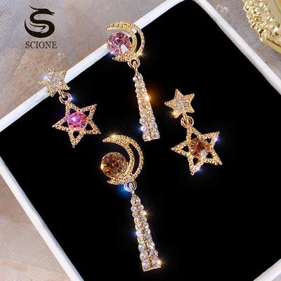925 Silver Needle 2019 Star Moon Asymmetric Earrings Female Delicate Earrings