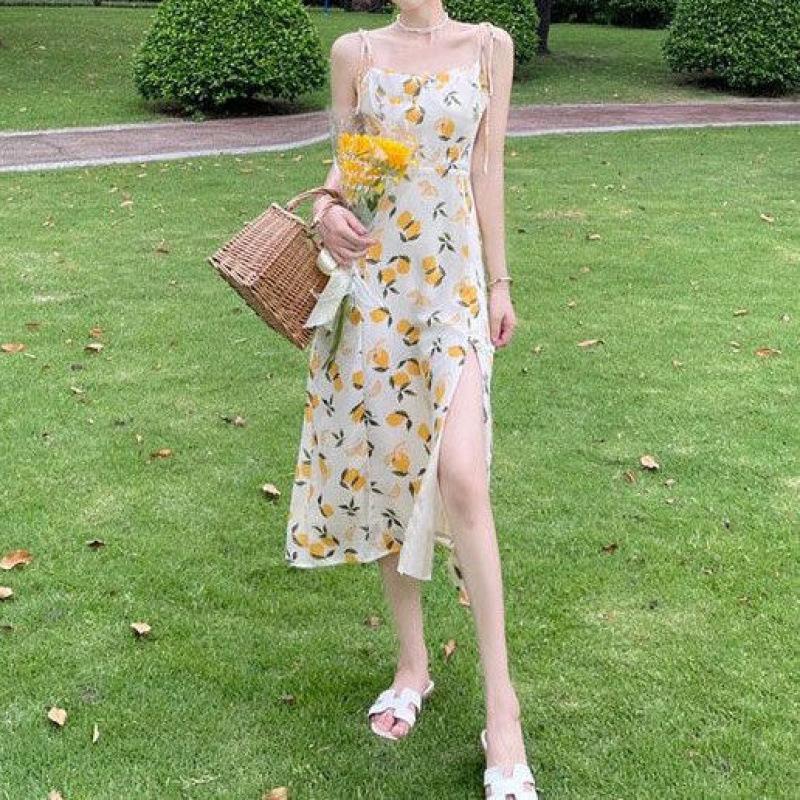 

Women s Elegant Floral Midi Dress with Waist-Cinching and Split Design 2XL