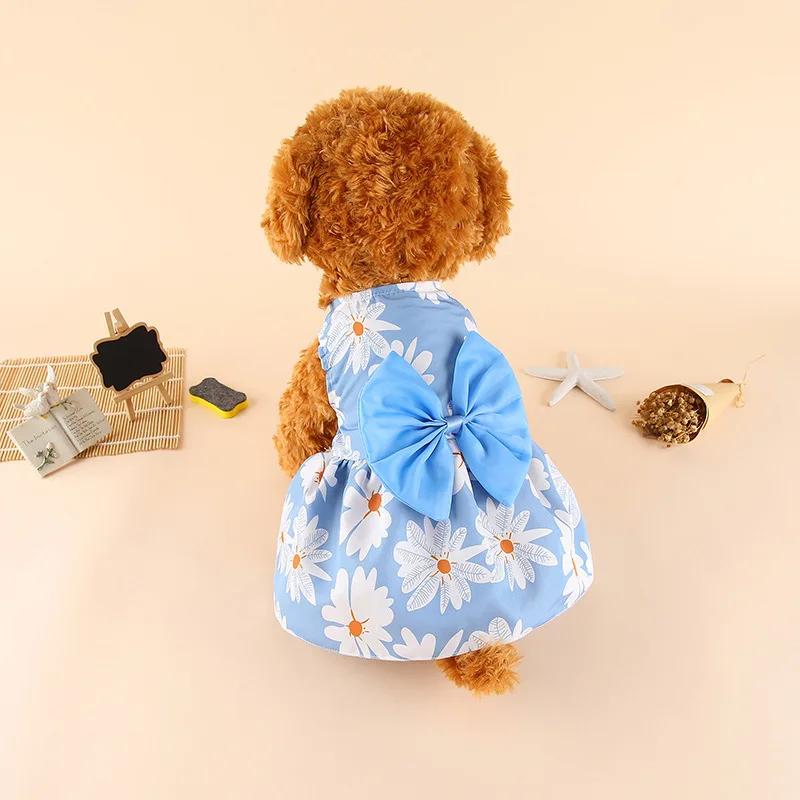 Cute Floral Pet Dog Dress with Bow Summer Princess Puppy Skirt for Small Dogs Cats Teddy