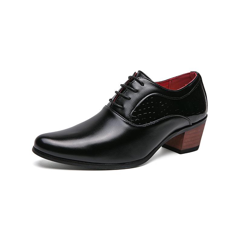 Men's British Style Height-Boosting Leather Dress Shoes - Pointed, Shiny, and Trendy for Weddings and Casual Wear.