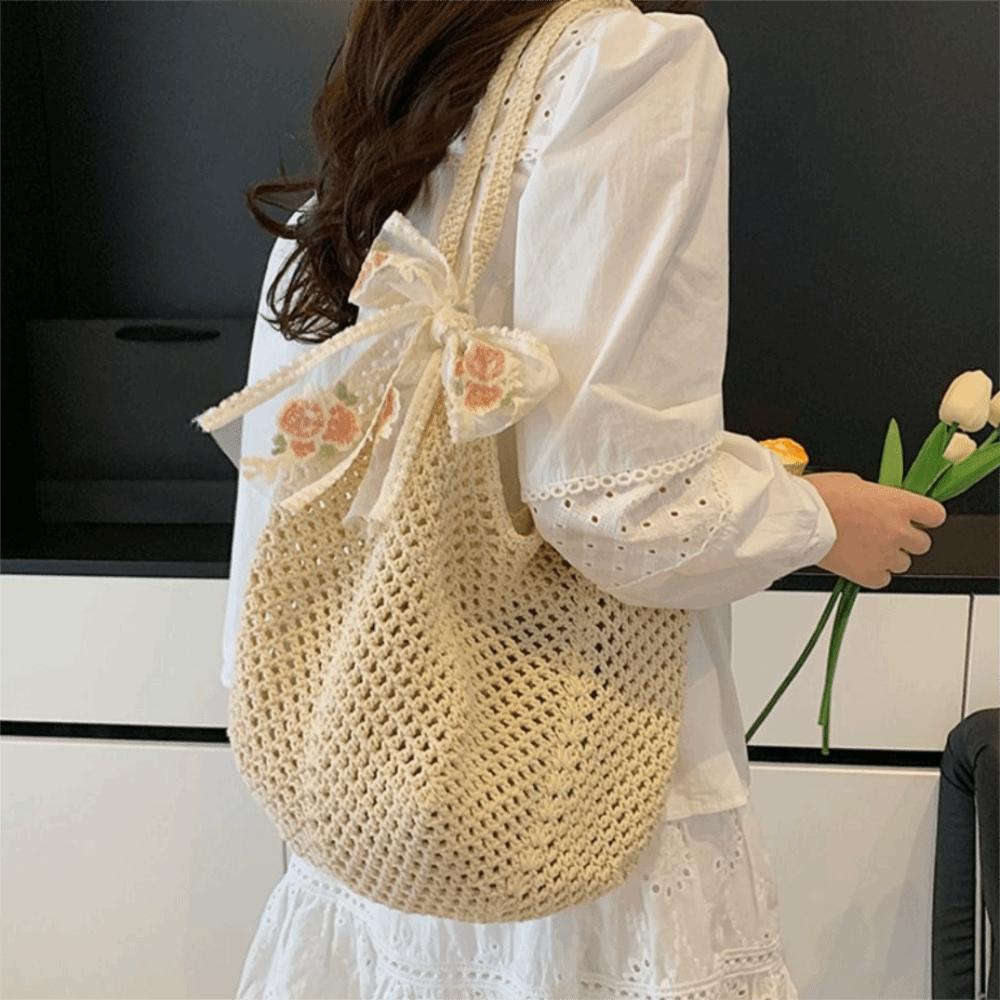Solid Color Women Knitting Shoulder Bag Hollow Large Capacity Crochet Tote Bag Sundries Storage Bag Shopping Bag Woven Handbag