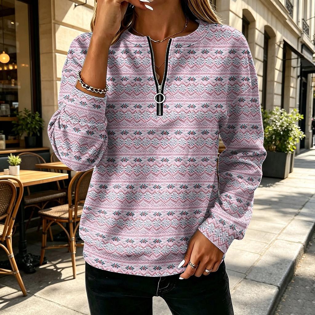 Women's V-Neck Half Zip Long Sleeve Pullover with Small Heart Print, Zipper Pull and Cuffed Sleeves