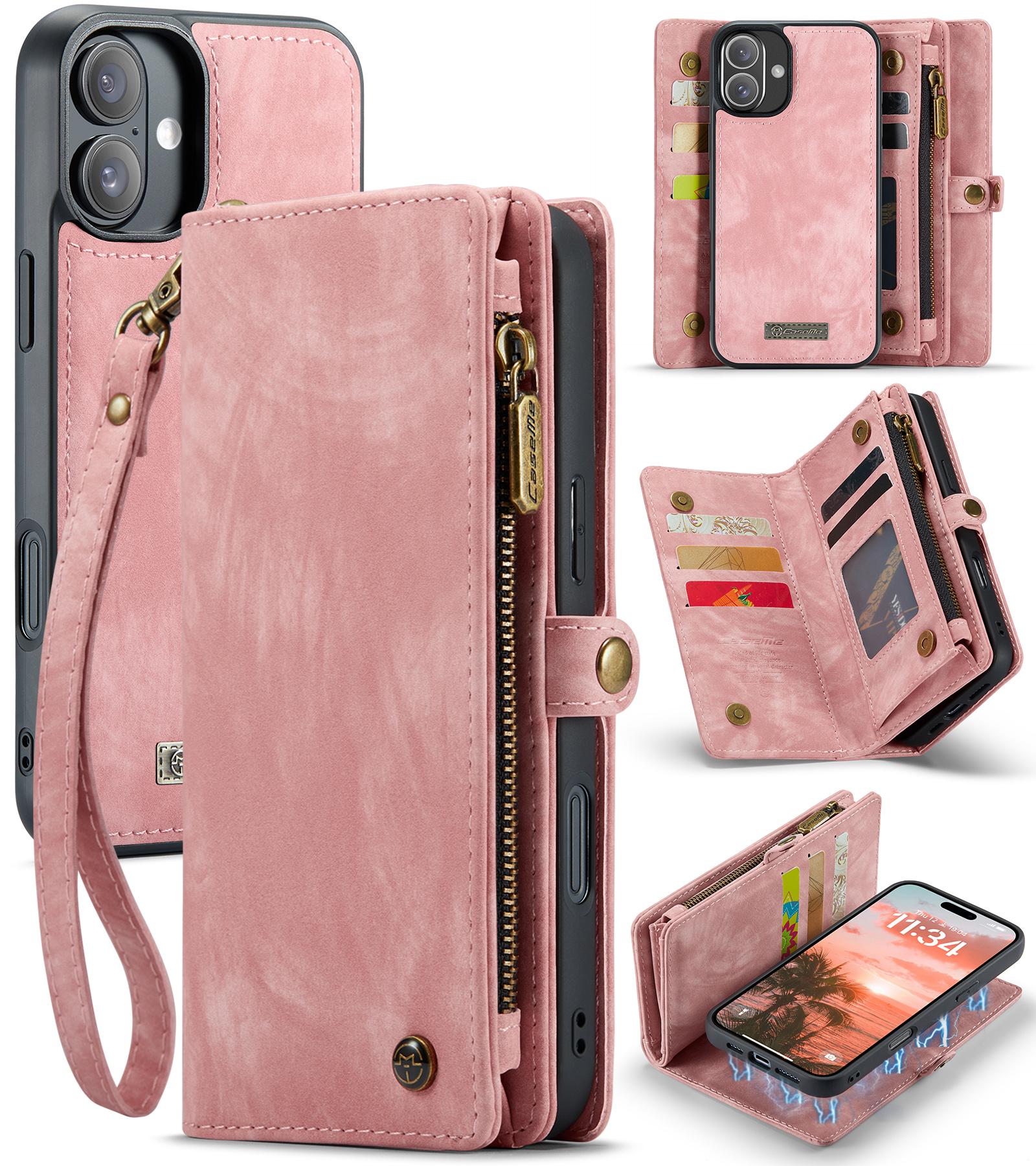 

For iPhone 16 Phone Cases CASEME 008 Leather Cover with Detachable Wallet and Strap Pink