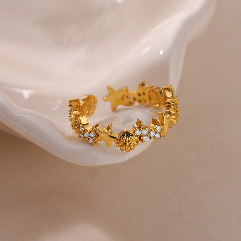 Hav Stjerne Skjell Åpne Ringer For Kvinner Gullfarge Rustfritt Stål Ring Sommer Strand Estetisk Vanntett Zirkon Gave