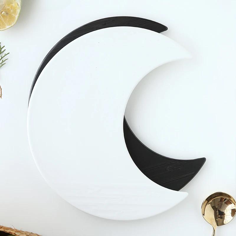 Black White Moon Shape Ceramic Plate Dinner Plates Irregular Sushi Dish Pastry Dessert Decorative Plate Restaurant Tableware